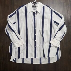 Lane Bryant Women’s Relaxed Button-Down Boyfriend Shirt Navy Stripes Size 26/28